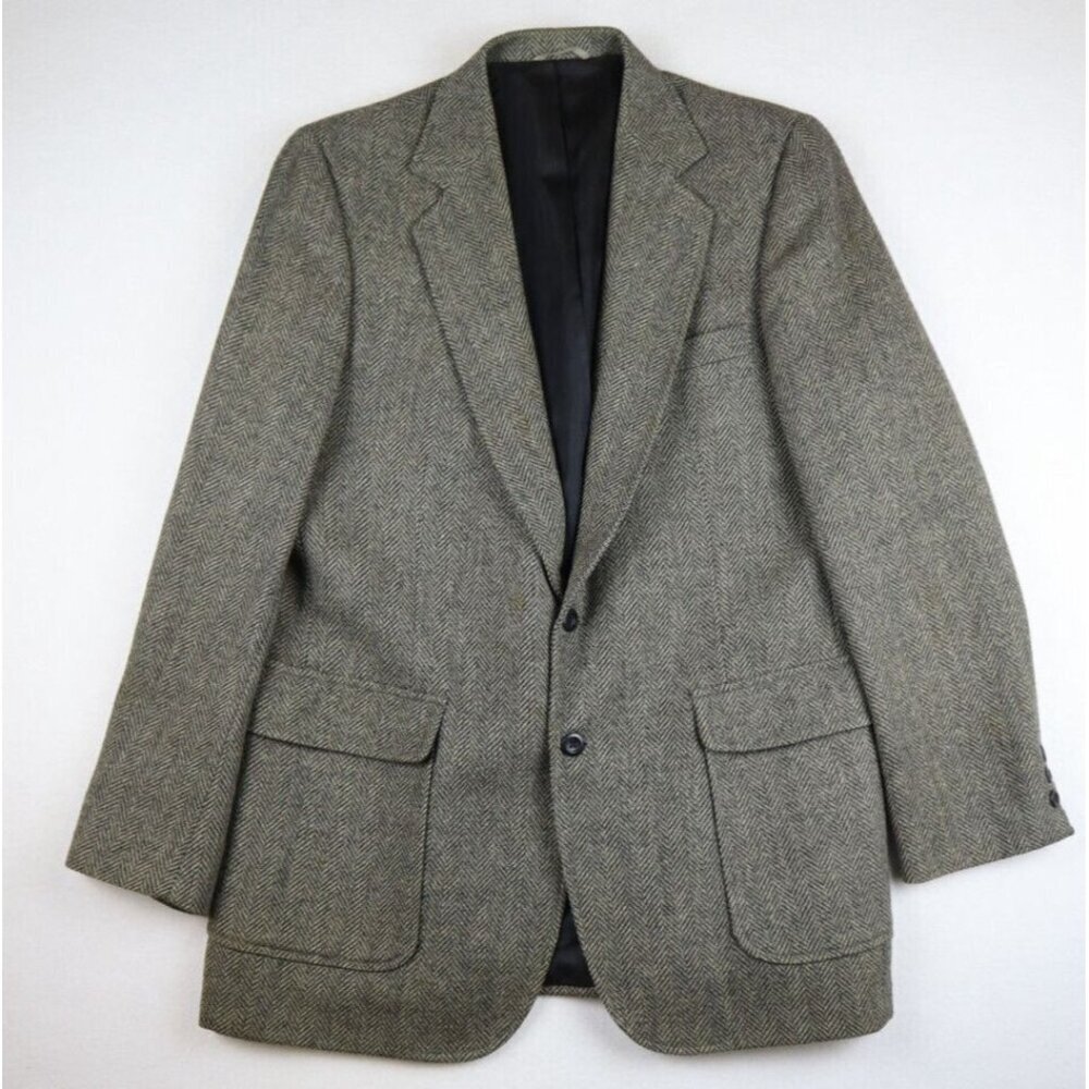 MEN'S BEIGE HERRINGBONE 100% WOOL BLAZER JACKET - IMPERIAL BY HAGGAR - 40L